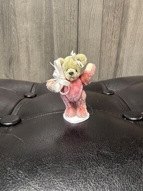 Vintage Norma Thomas Miniature Bear 2.5" Rose Pink Plush & Satin Ribbon